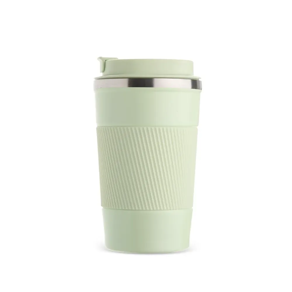 Copo térmico inox 350ml verde água, base antiderrapante e luva de silicone, personalizado