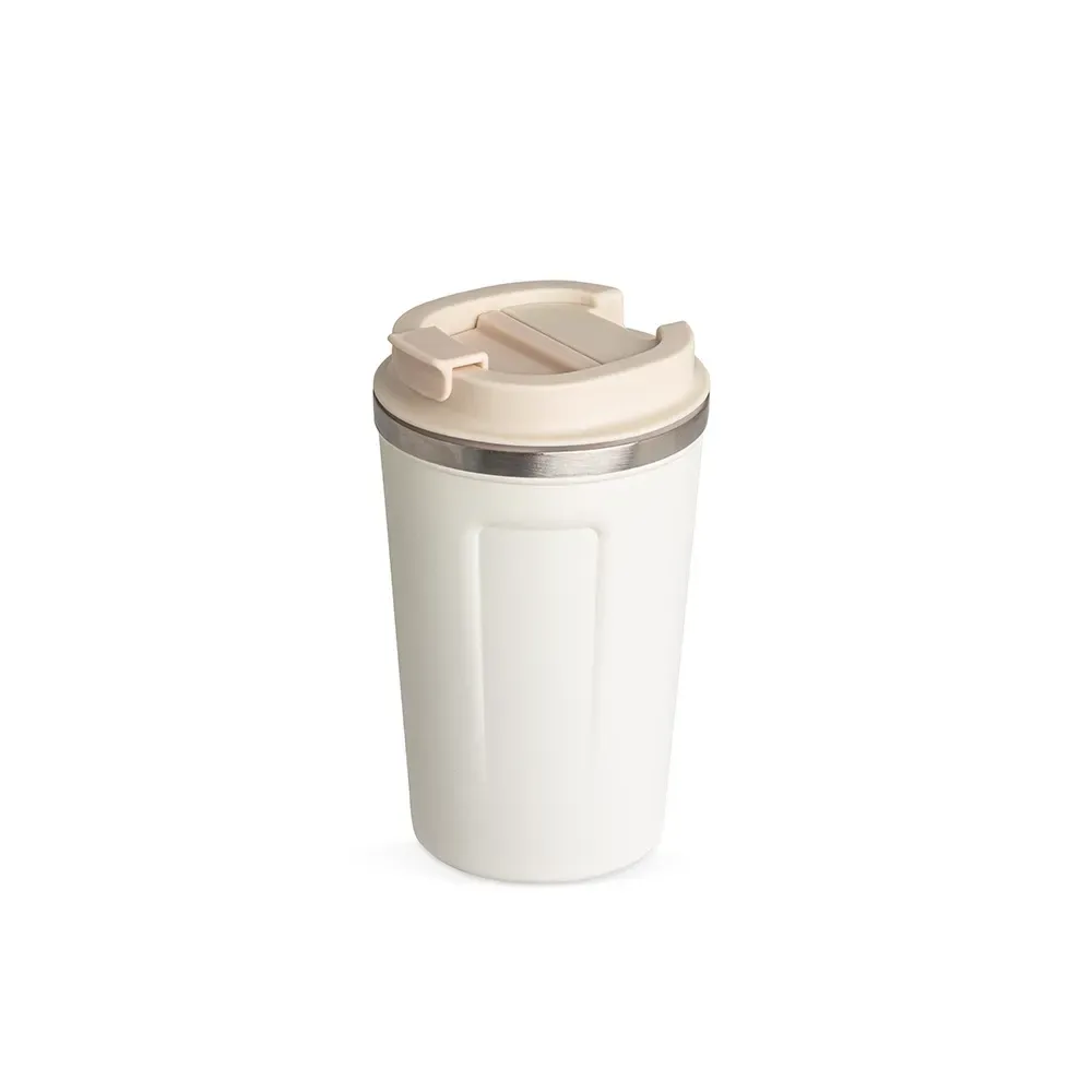 Copo térmico inox 350ml branco com creme, borracha antideslizante, personalizado