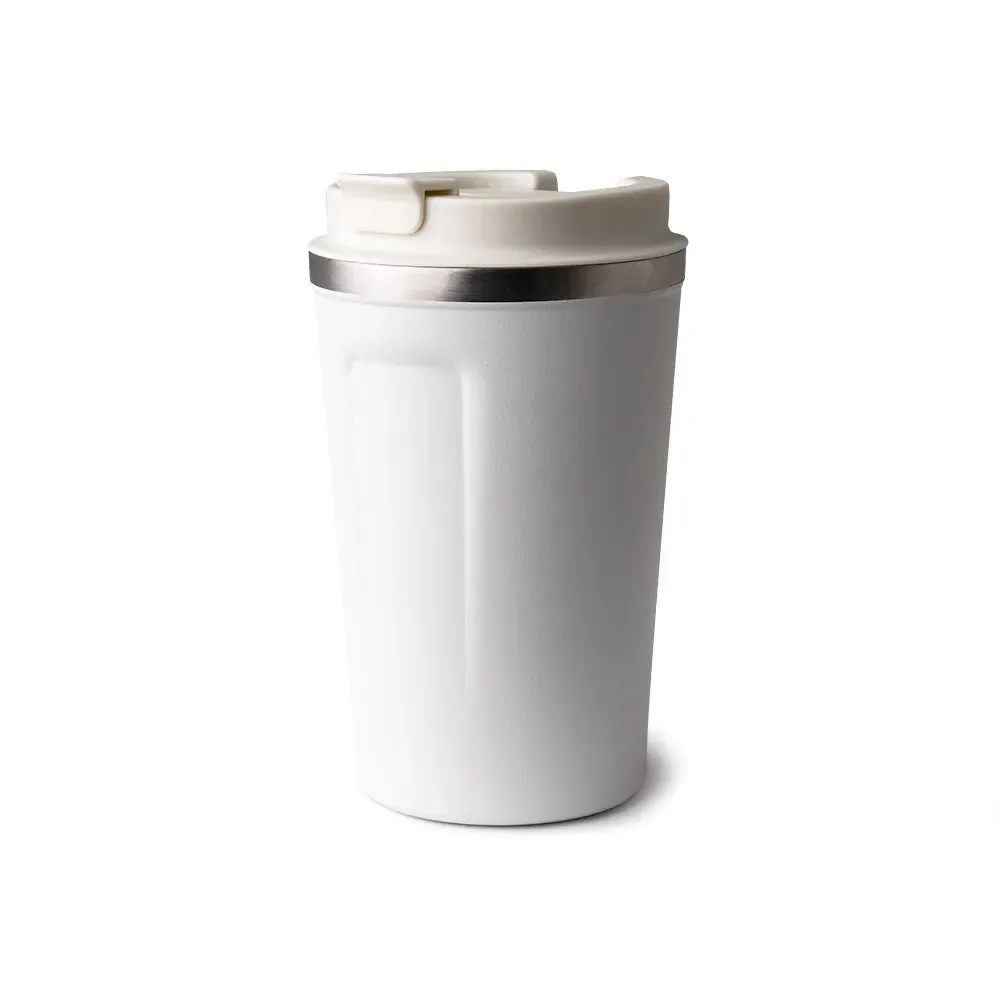Copo térmico inox 350ml branco, borracha antideslizante, personalizado