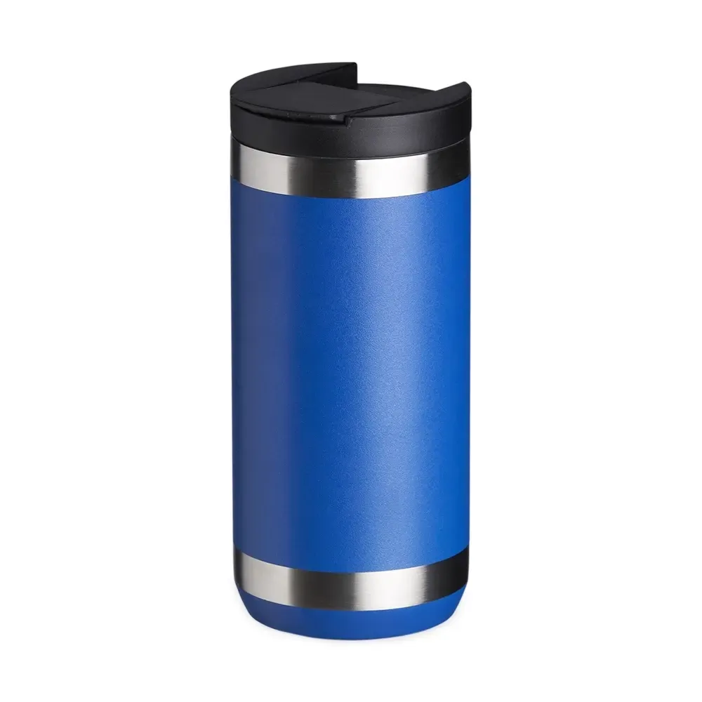Copo térmico inox 350ml azul com tampa e trava de segurança personalizado