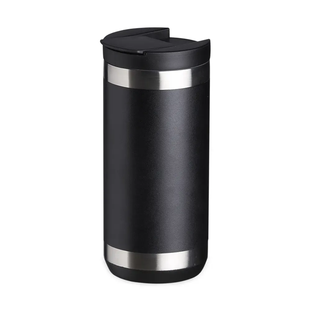 Copo térmico inox 350ml preto com tampa e trava de segurança personalizado