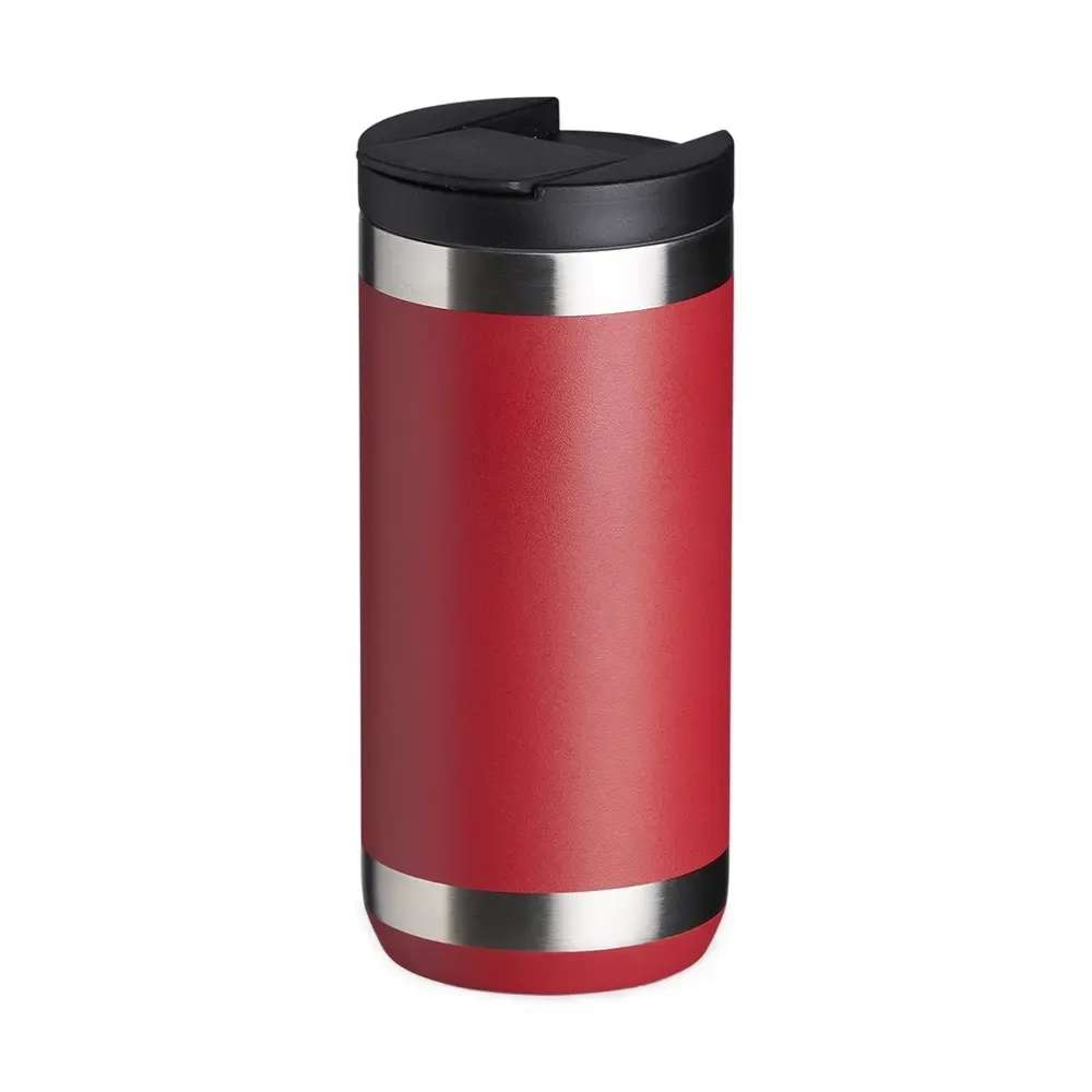 Copo térmico inox 350ml vermelho com tampa e trava de segurança personalizado