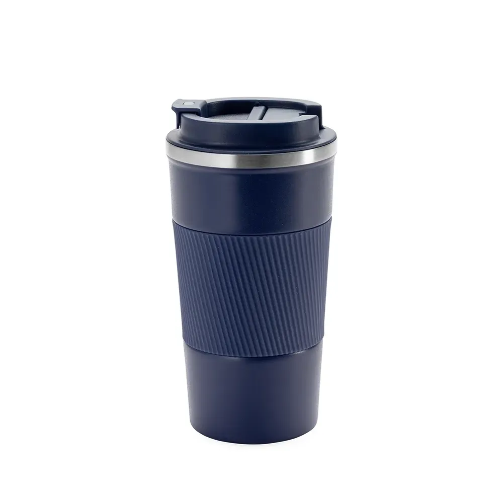 Copo térmico inox 500ml azul, base emborrachada e luva de silicone, personalizado