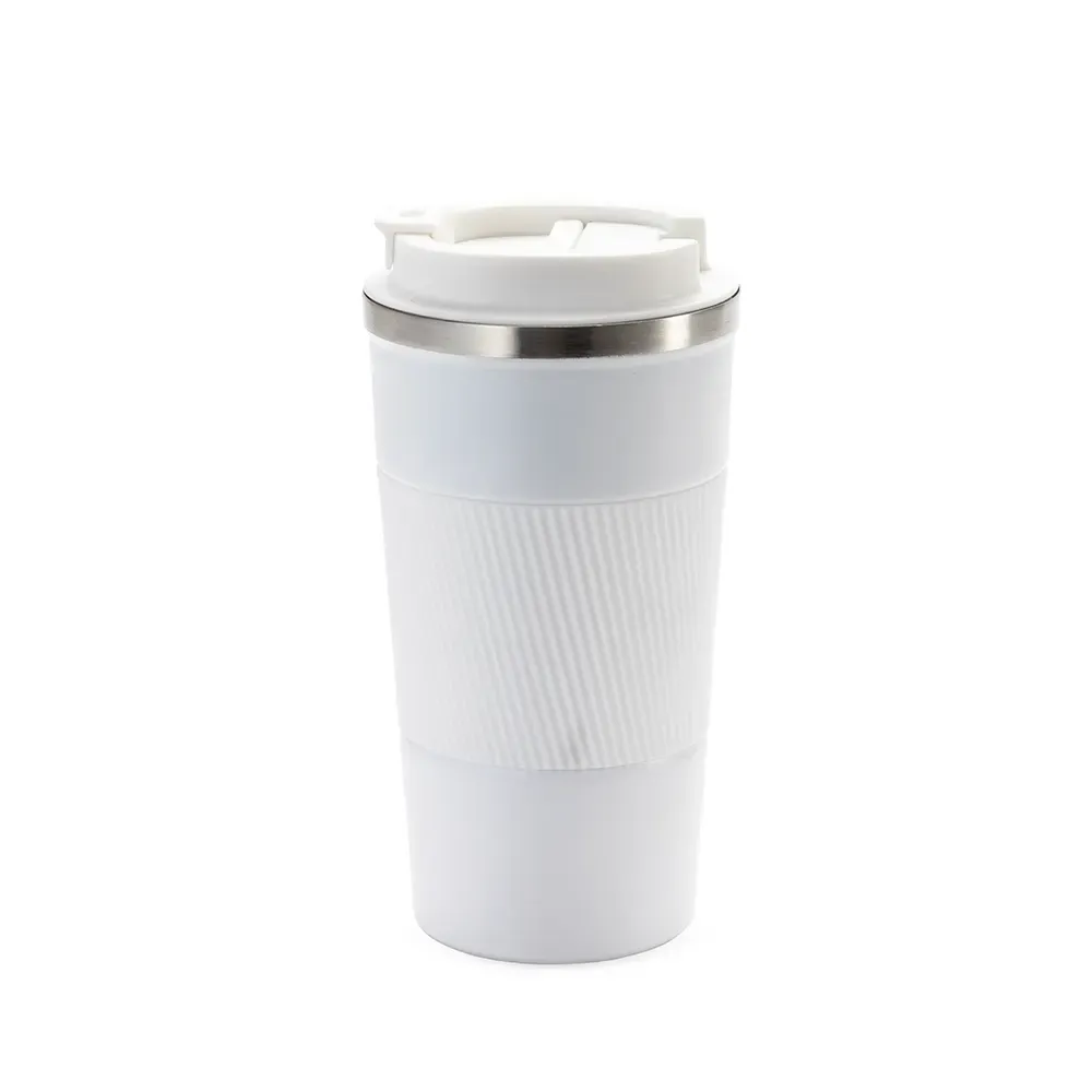 Copo térmico inox 500ml branco, base emborrachada e luva de silicone, personalizado