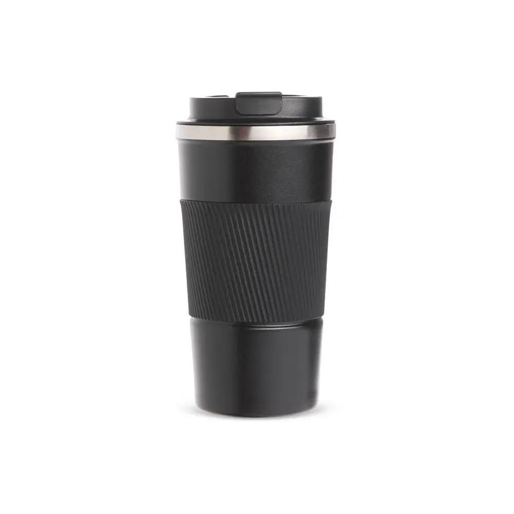 Copo térmico inox 500ml preto, base emborrachada e luva de silicone, personalizado
