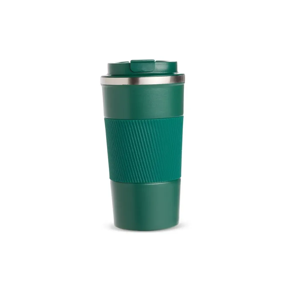 Copo térmico inox 500ml verde, base emborrachada e luva de silicone, personalizado