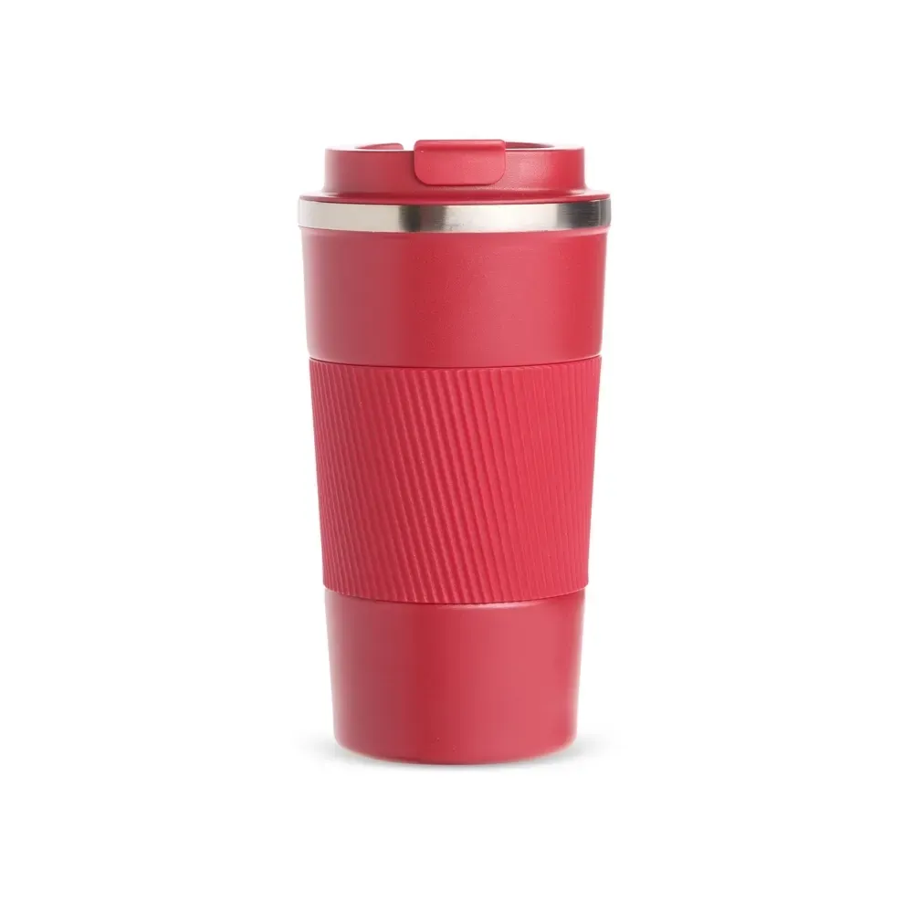 Copo térmico inox 500ml vermelho, base emborrachada e luva de silicone, personalizado