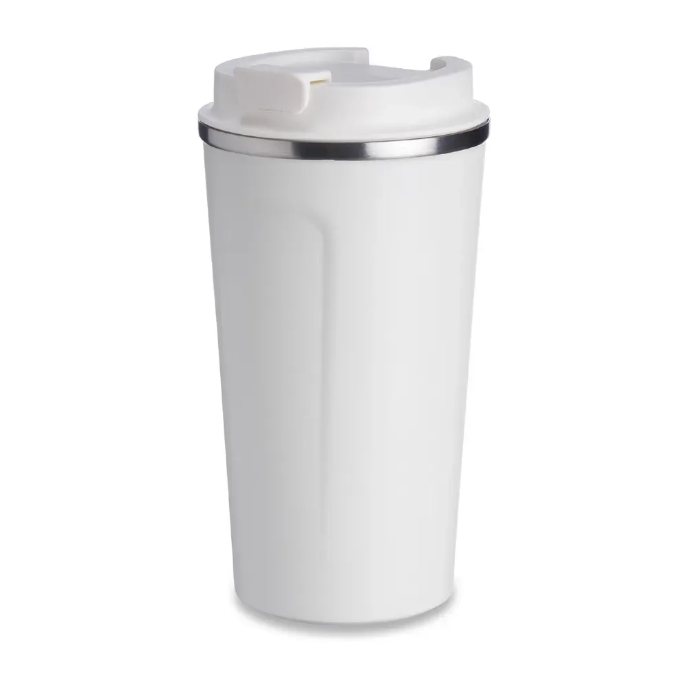 Copo térmico inox 500ml branco, borracha antideslizante, personalizado