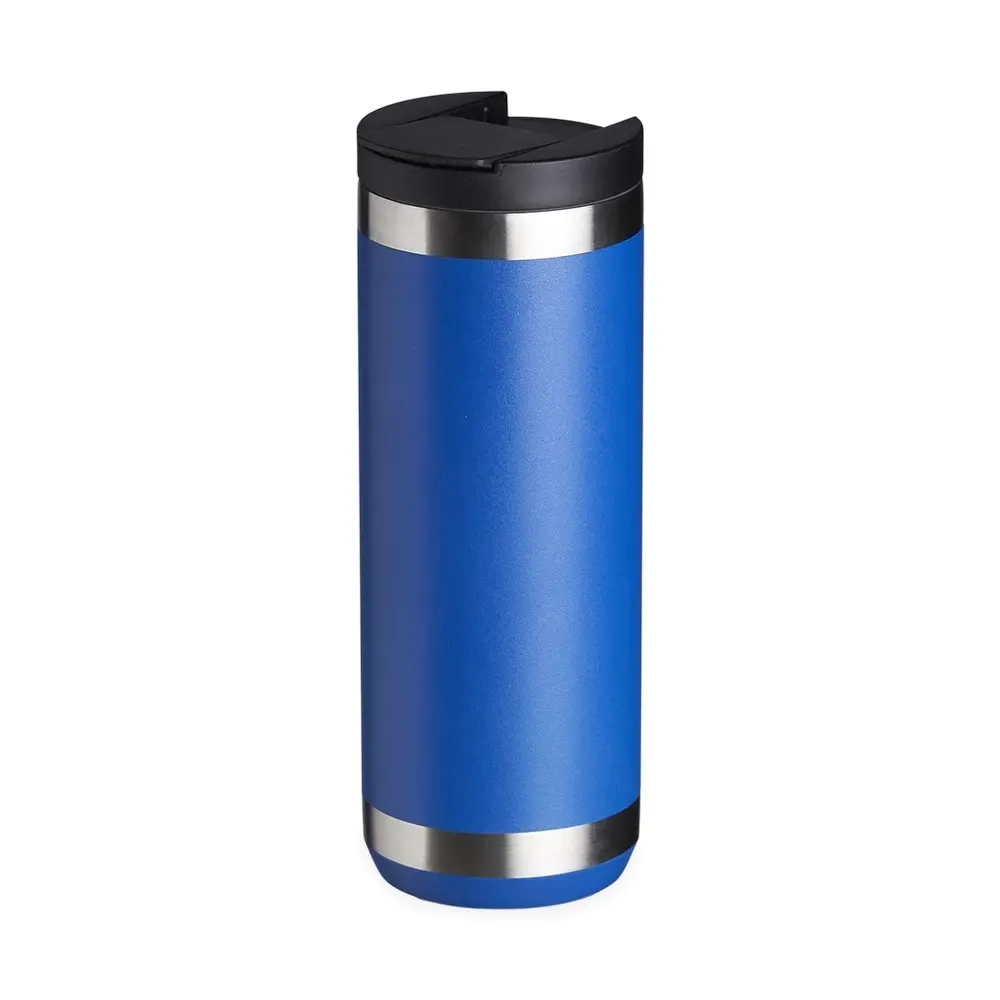 Copo térmico inox 550ml azul com tampa e trava de segurança personalizado