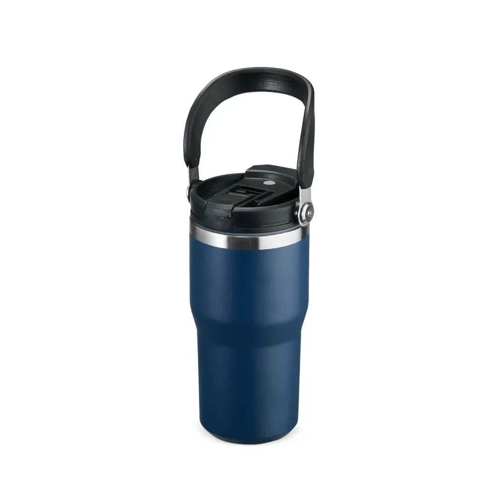 Copo térmico inox 600ml azul escuro com alça, bico flip e canudo personalizado