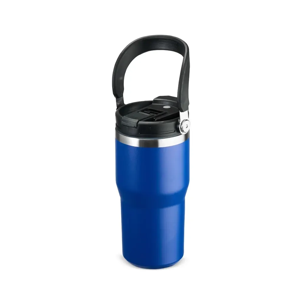 Copo térmico inox 600ml azul com alça, bico flip e canudo personalizado