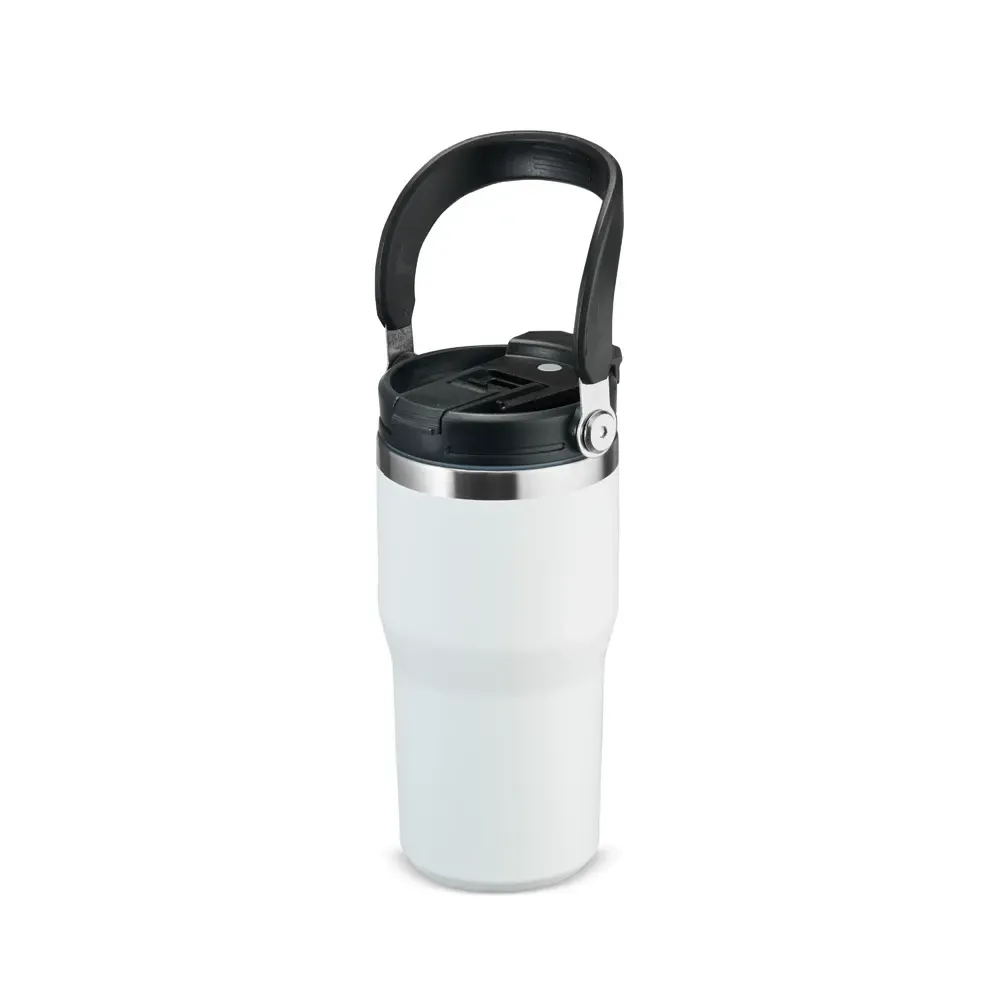 Copo térmico inox 600ml branco com alça, bico flip e canudo personalizado