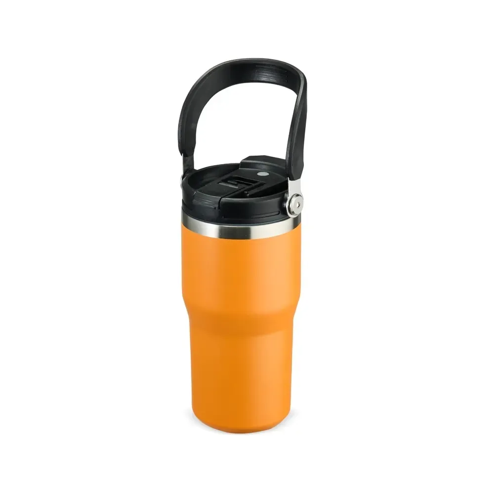 Copo térmico inox 600ml laranja com alça, bico flip e canudo personalizado