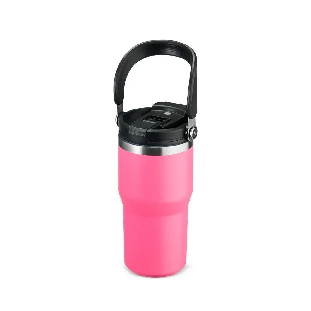 Copo térmico inox 600ml pink com alça, bico flip e canudo personalizado