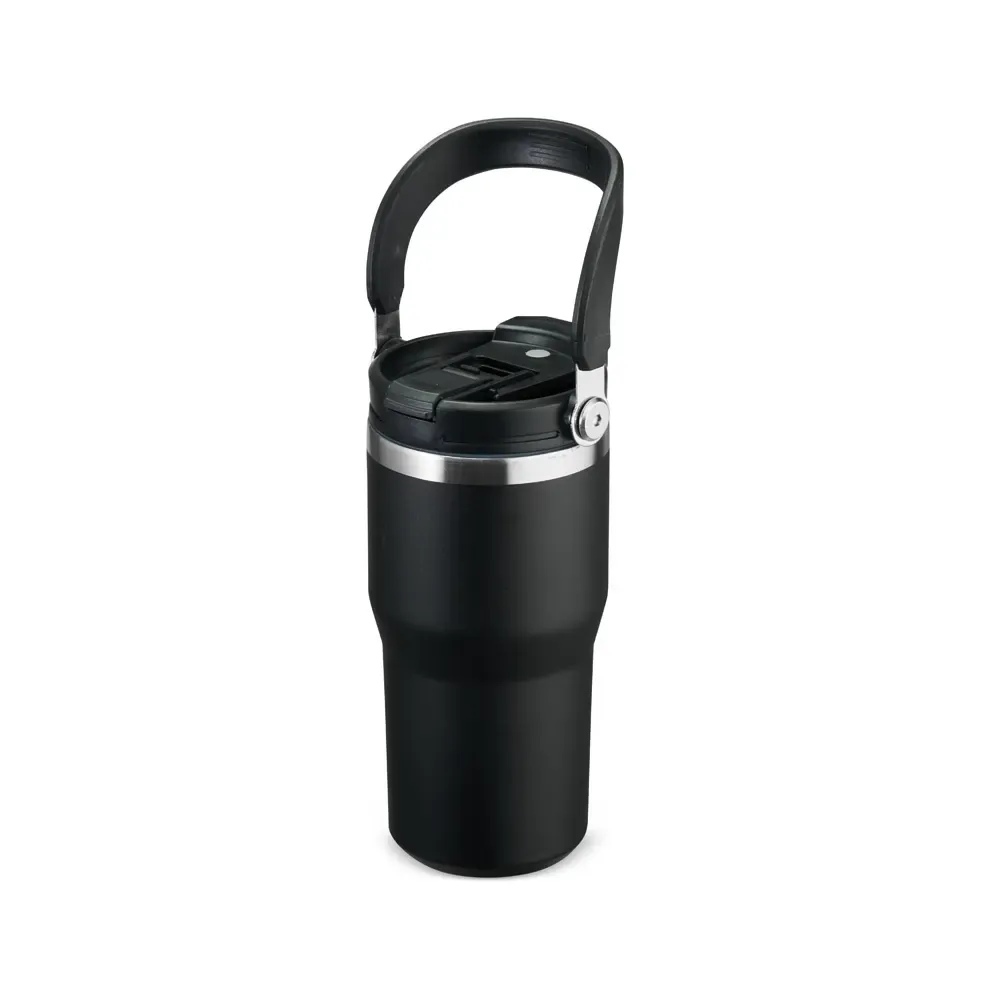 Copo térmico inox 600ml preto com alça, bico flip e canudo personalizado