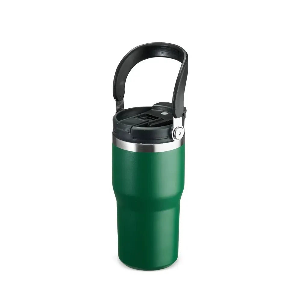 Copo térmico inox 600ml verde com alça, bico flip e canudo personalizado