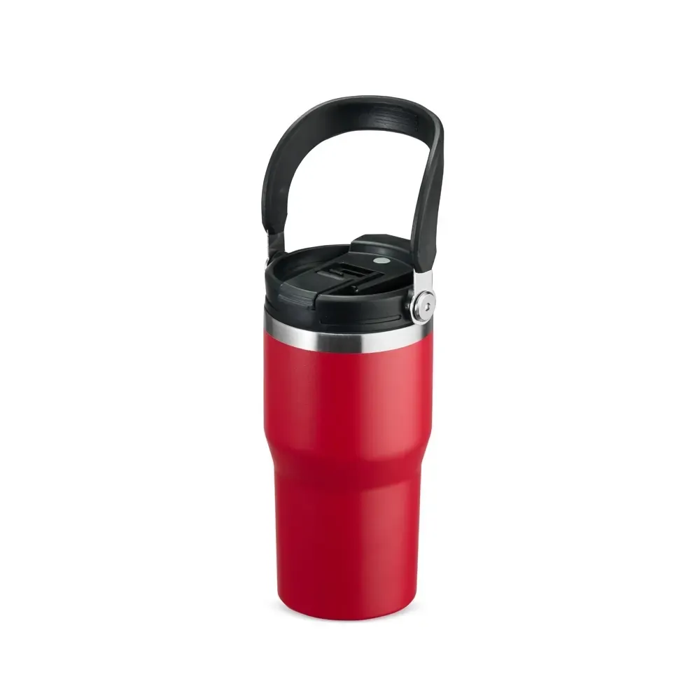 Copo térmico inox 600ml vermelho com alça, bico flip e canudo personalizado