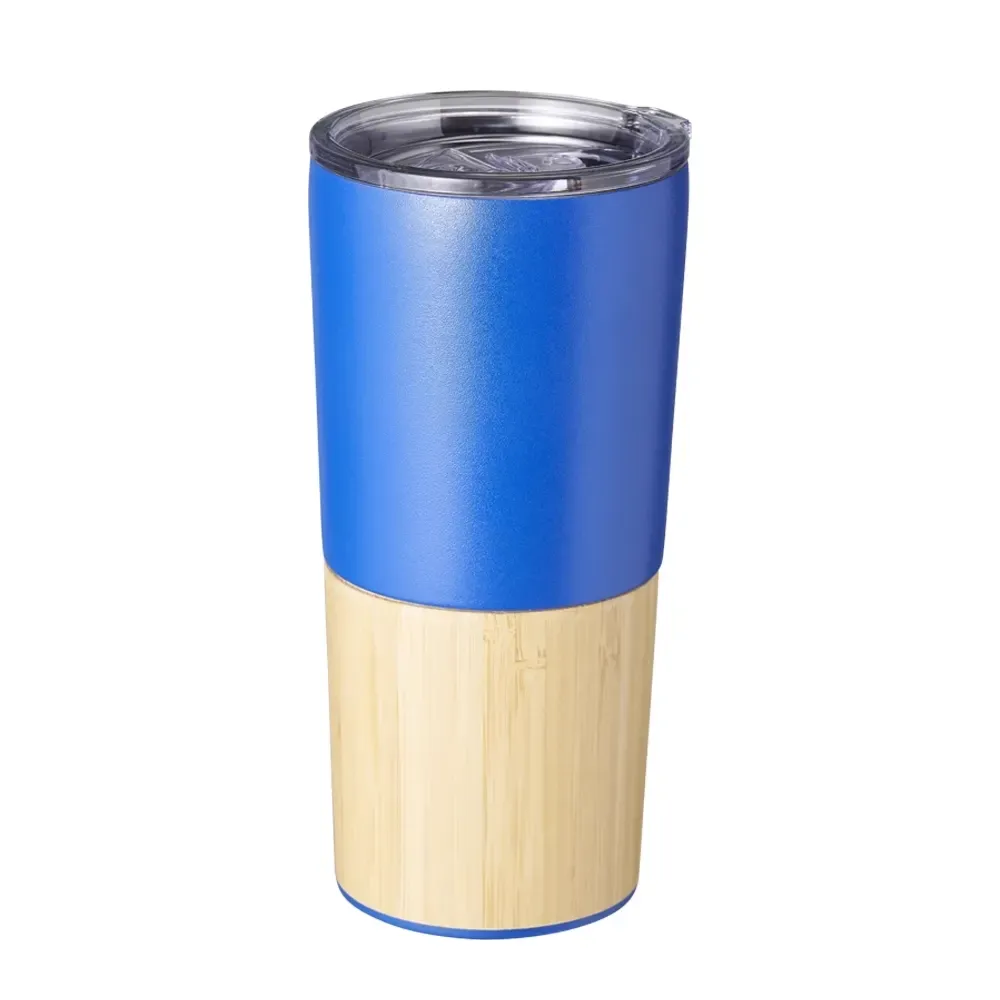 Copo térmico inox 600ml azul com detalhe de bambu personalizado