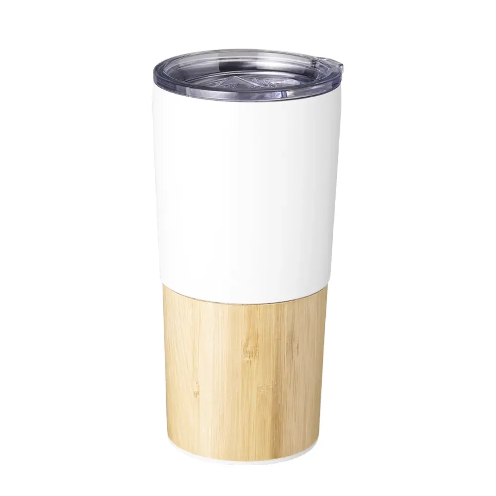 Copo térmico inox 600ml branco com detalhe de bambu personalizado