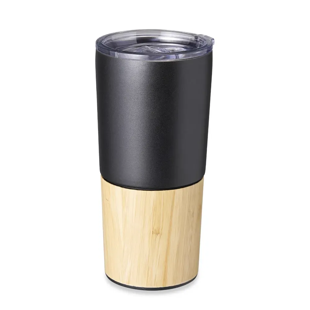 Copo térmico inox 600ml preto com detalhe de bambu personalizado