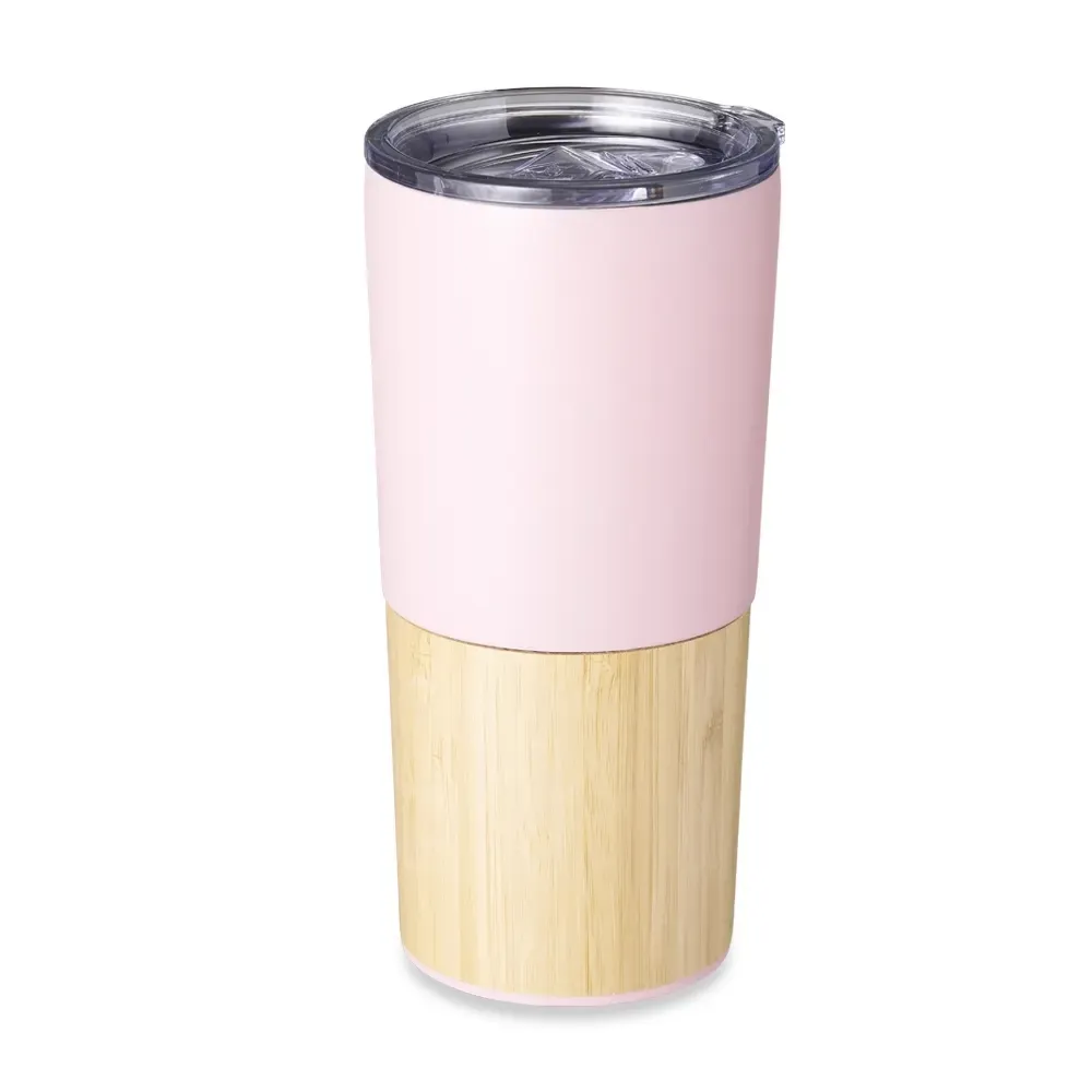 Copo térmico inox 600ml rosa com detalhe de bambu personalizado