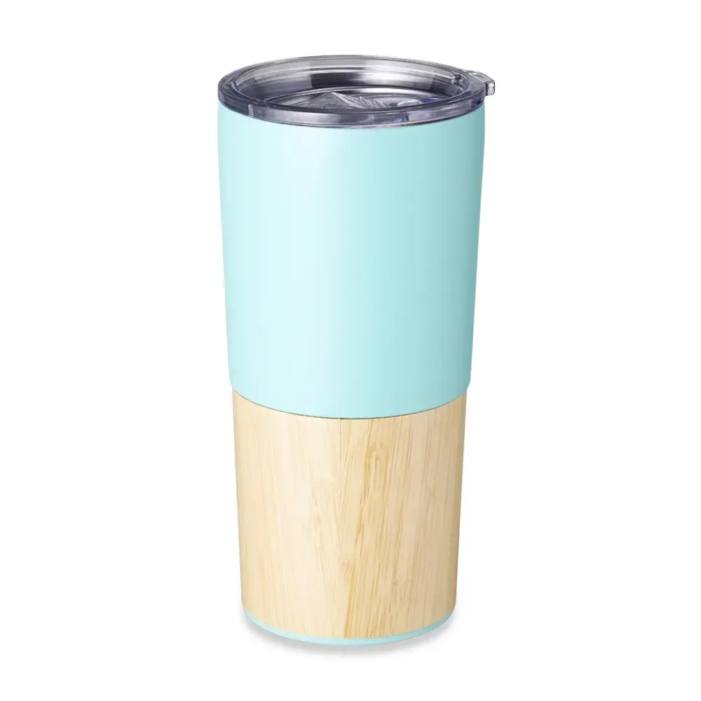 Copo térmico inox 600ml verde água com detalhe de bambu personalizado