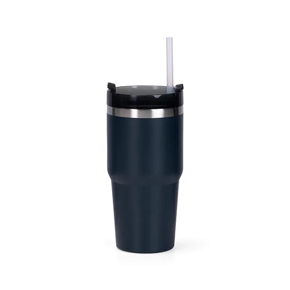 Copo térmico inox 600ml azul escuro, tampa giratória e canudo, personalizado