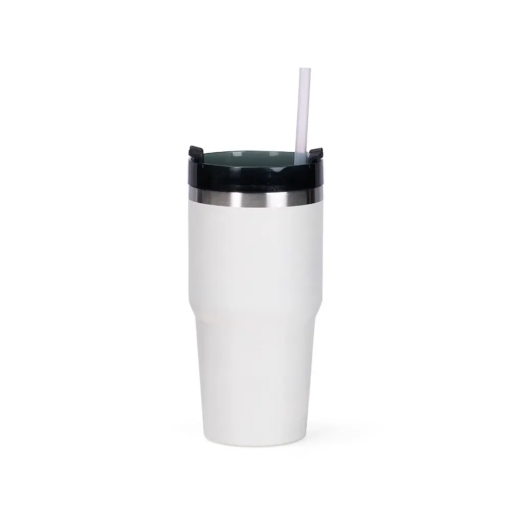 Copo térmico inox 600ml branco, tampa giratória e canudo, personalizado