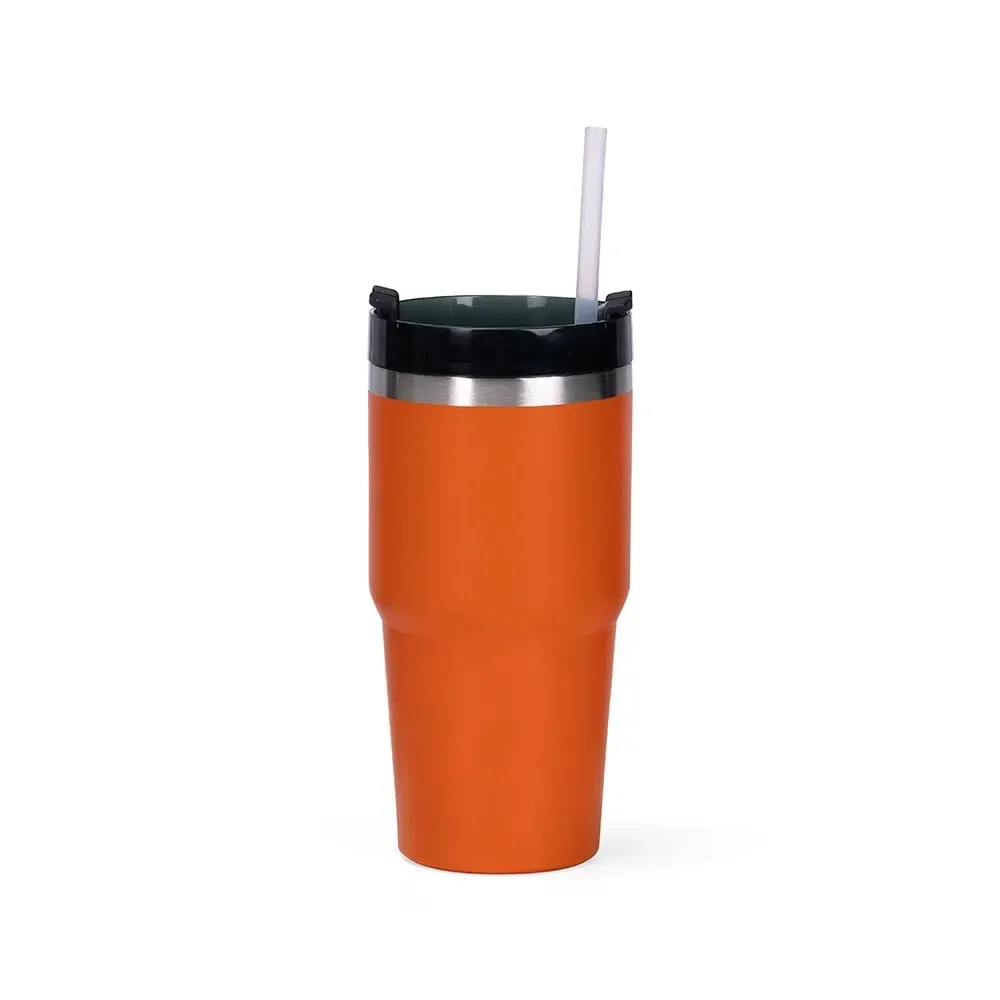Copo térmico inox 600ml laranja, tampa giratória e canudo, personalizado