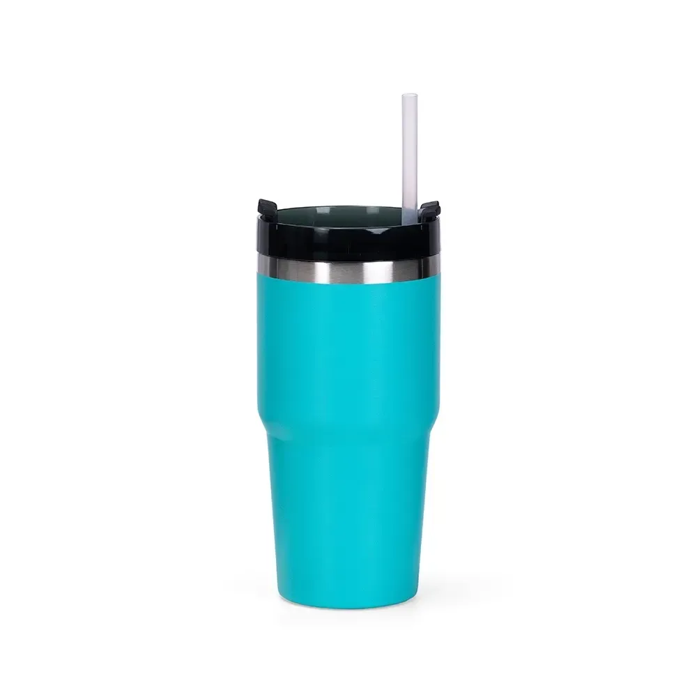 Copo térmico inox 600ml turquesa, tampa giratória e canudo, personalizado