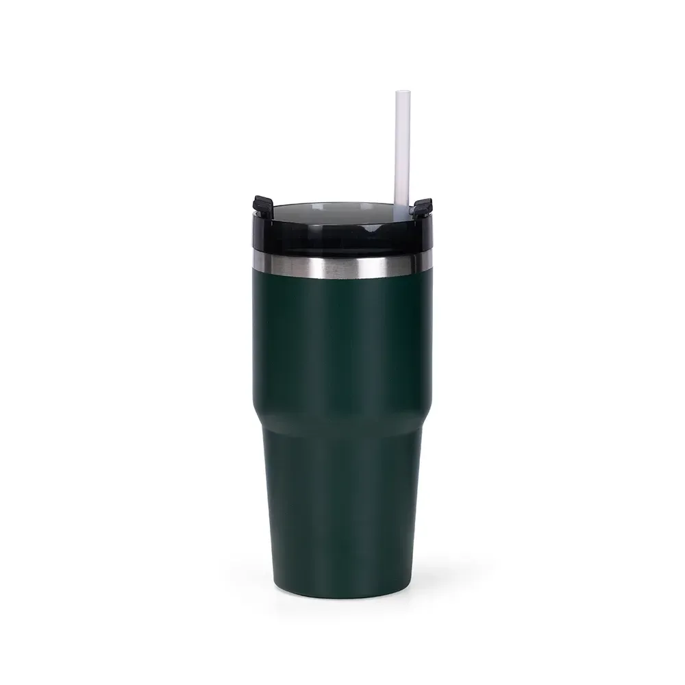 Copo térmico inox 600ml verde escuro, tampa giratória e canudo, personalizado