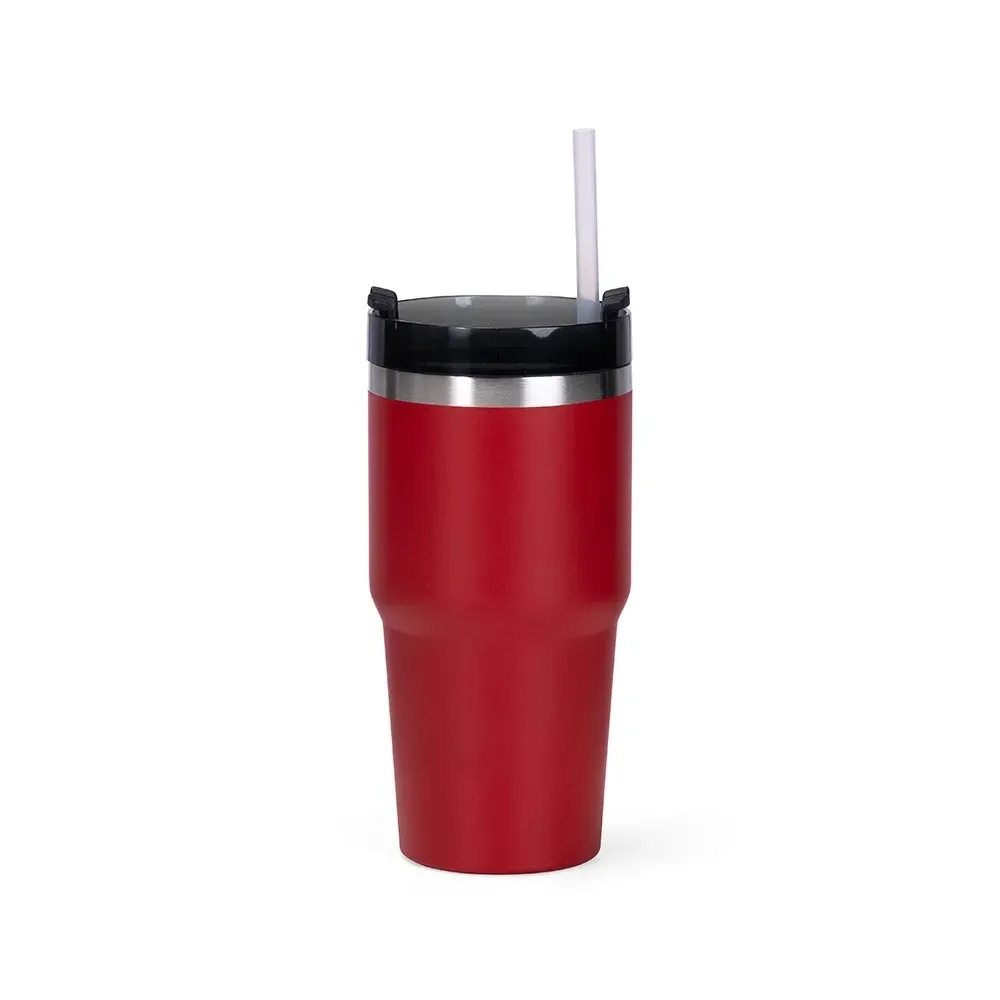 Copo térmico inox 600ml vermelho, tampa giratória e canudo, personalizado