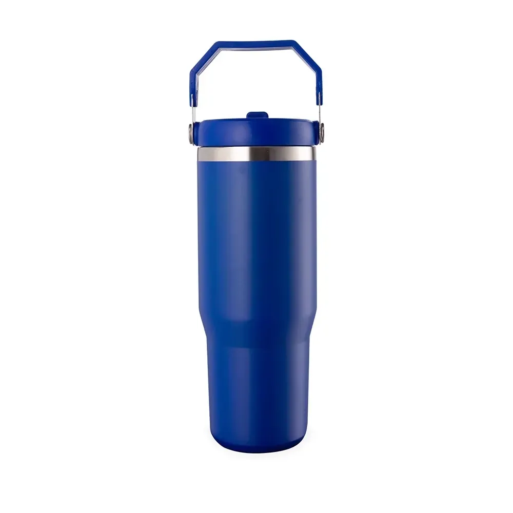 Copo térmico inox 800ml azul com alça e canudo personalizado