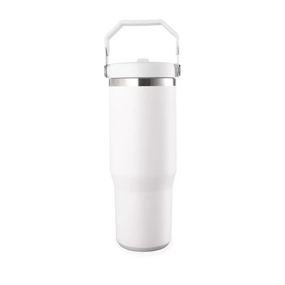 Copo térmico inox 800ml branco com alça e canudo personalizado