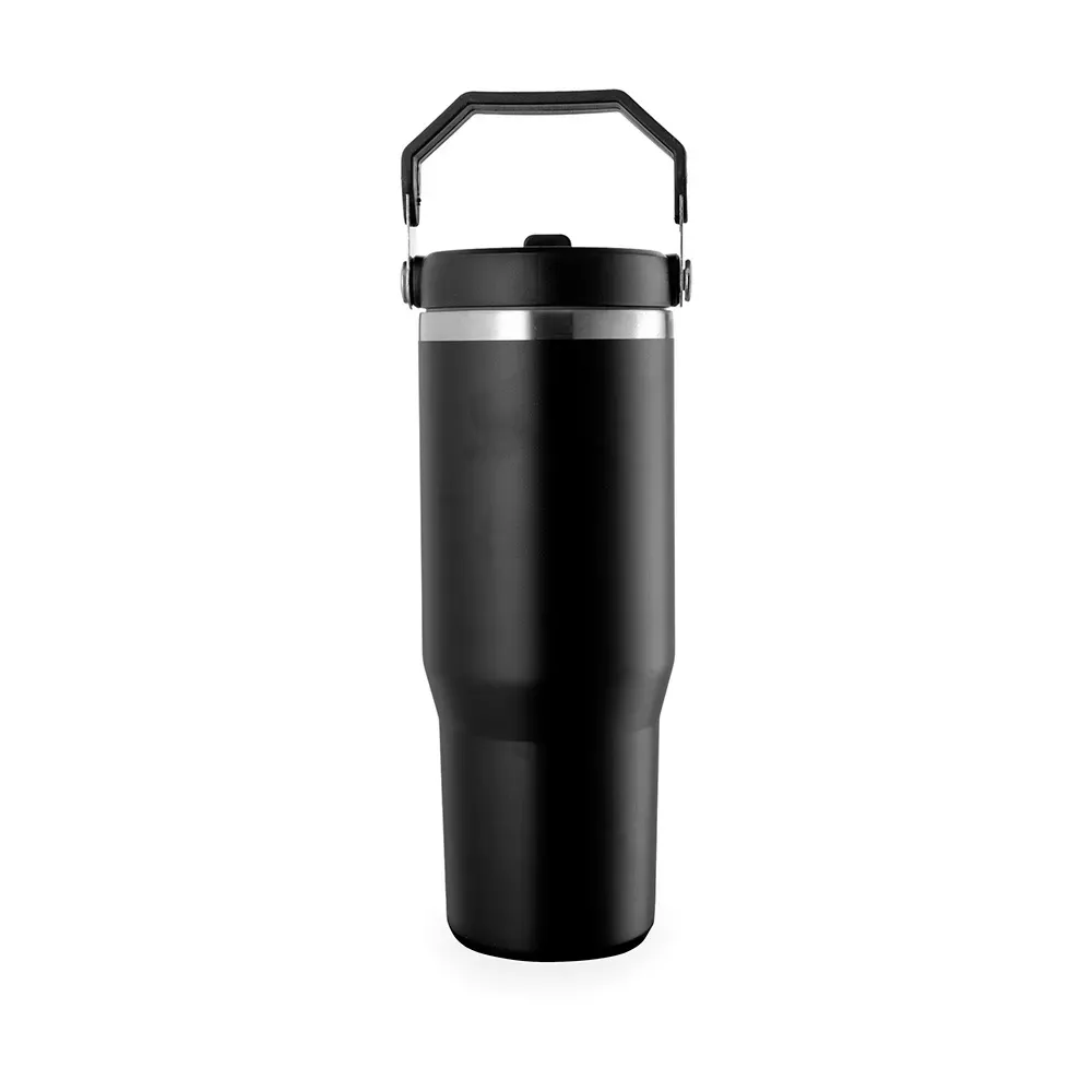 Copo térmico inox 800ml preto com alça e canudo personalizado