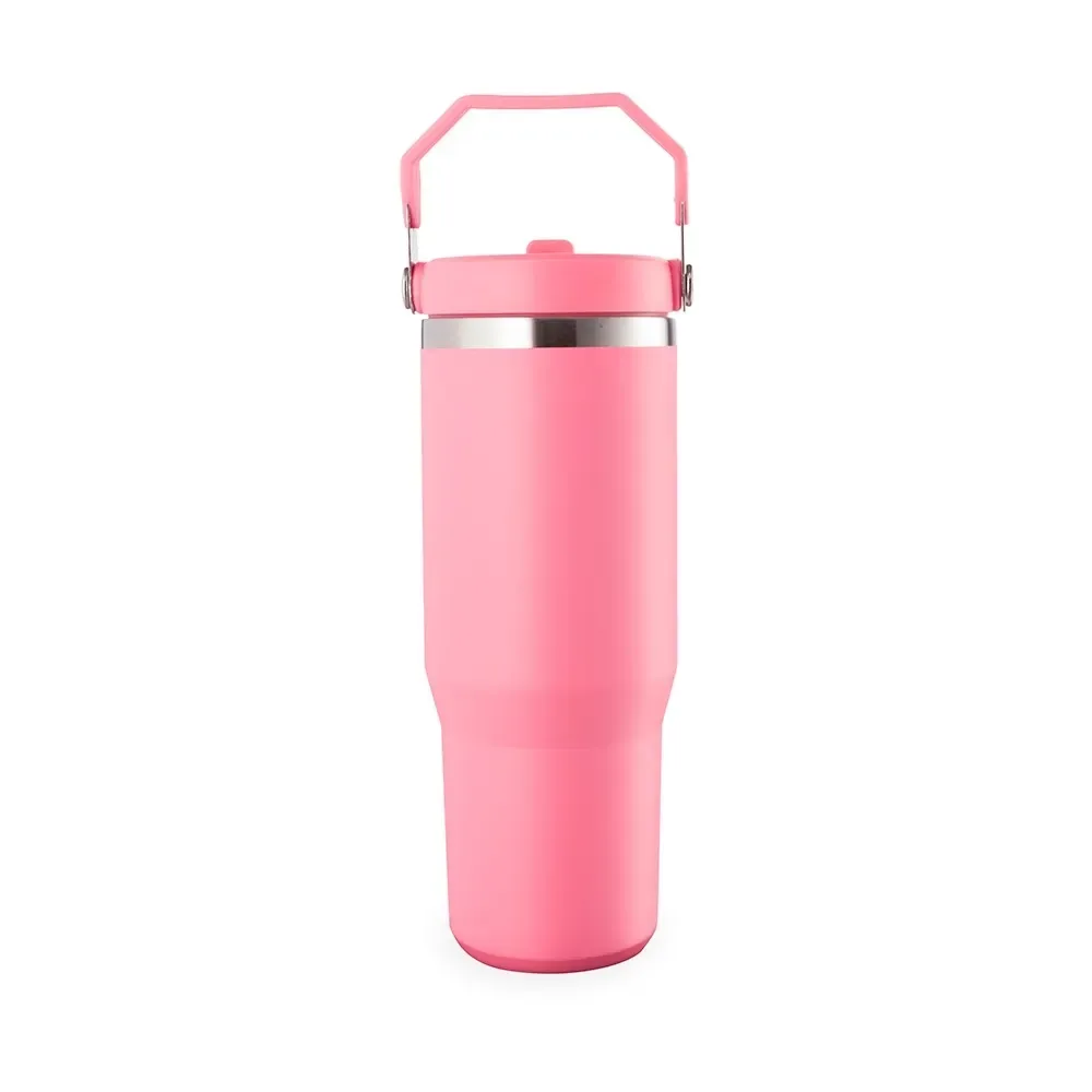 Copo térmico inox 800ml rosa com alça e canudo personalizado