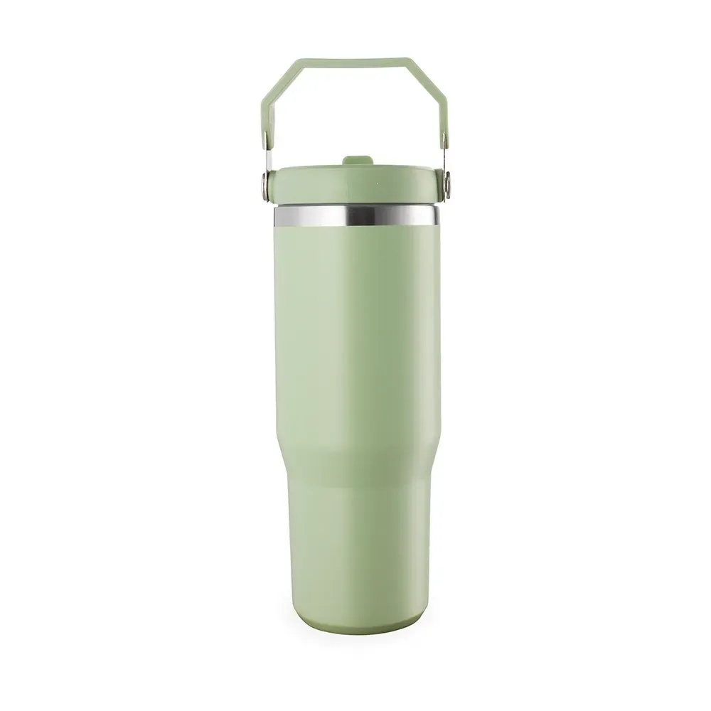 Copo térmico inox 800ml verde com alça e canudo personalizado