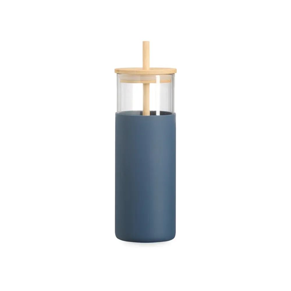 Copo de vidro personalizado 500ml com canudo, luva azul