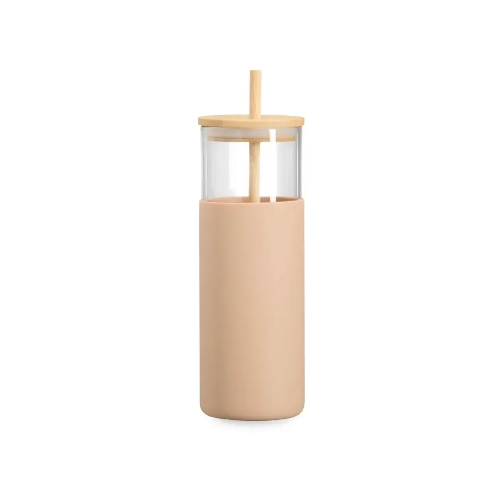 Copo de vidro personalizado 500ml com canudo, luva bege