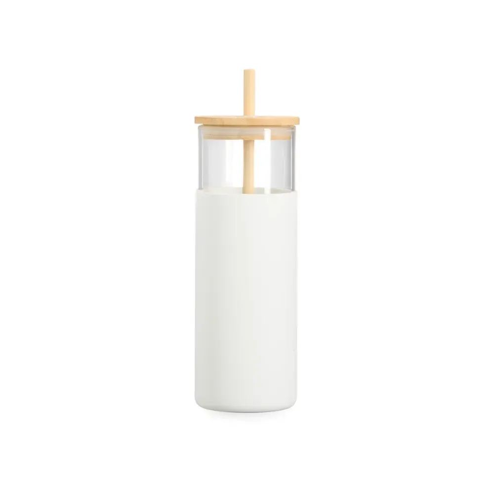 Copo de vidro personalizado 500ml com canudo, luva branca