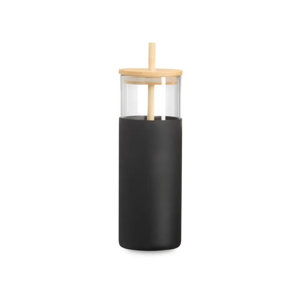 Copo de vidro personalizado 500ml com canudo, luva preta
