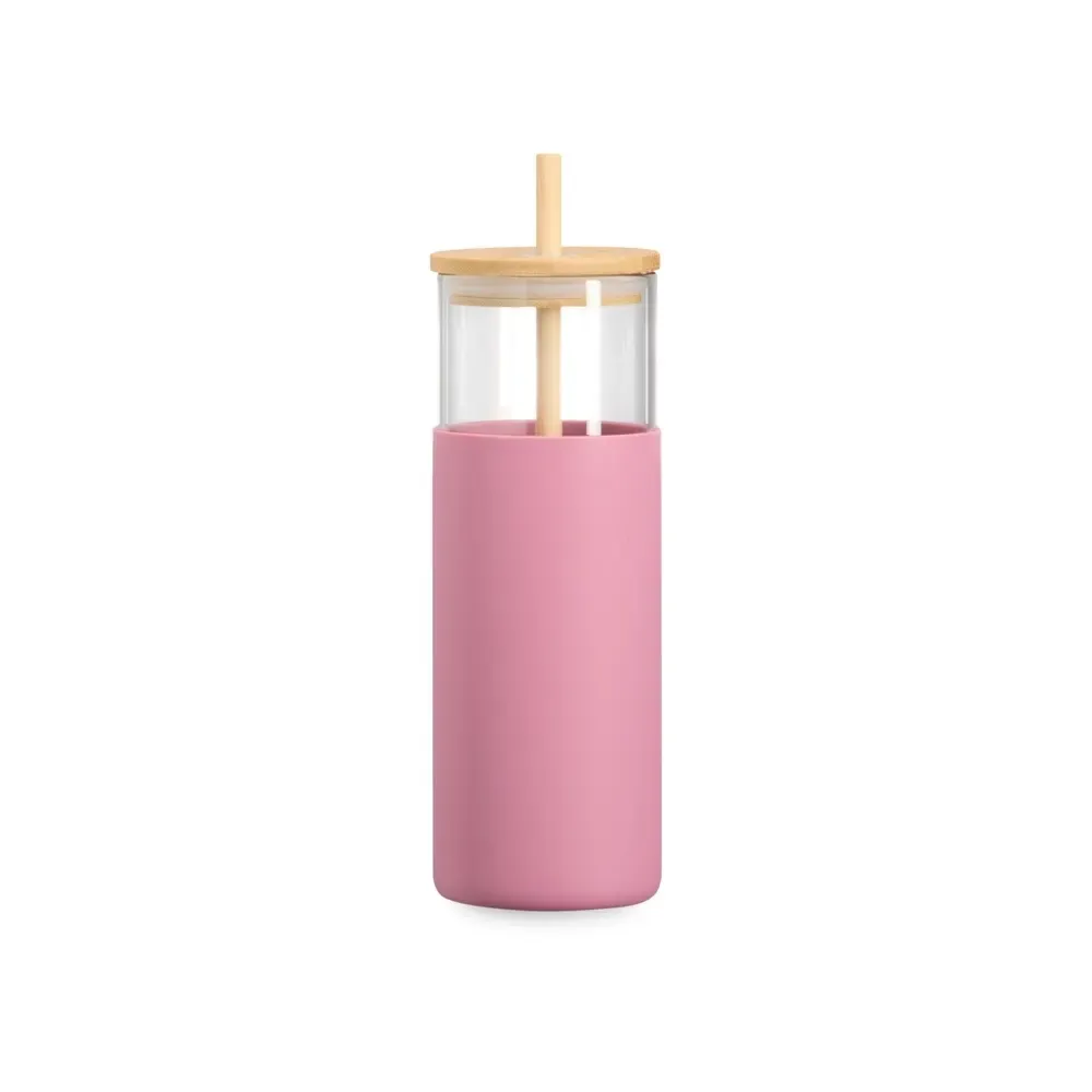 Copo de vidro personalizado 500ml com canudo, luva rosa escuro