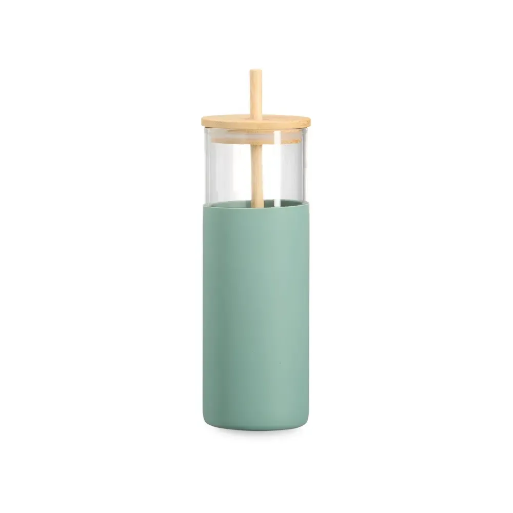 Copo de vidro personalizado 500ml com canudo, luva verde
