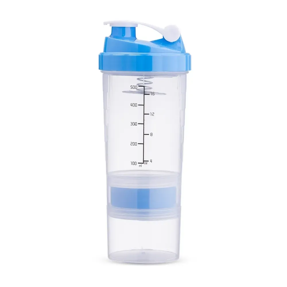 Coqueteleira plástica personalizada 600ml com compartimentos, cor azul