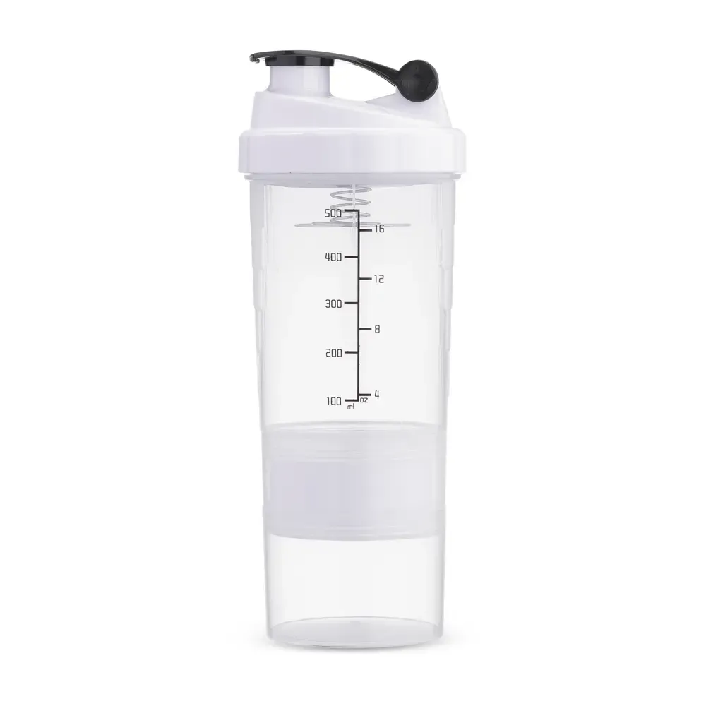 Coqueteleira plástica personalizada 600ml com compartimentos, cor branco