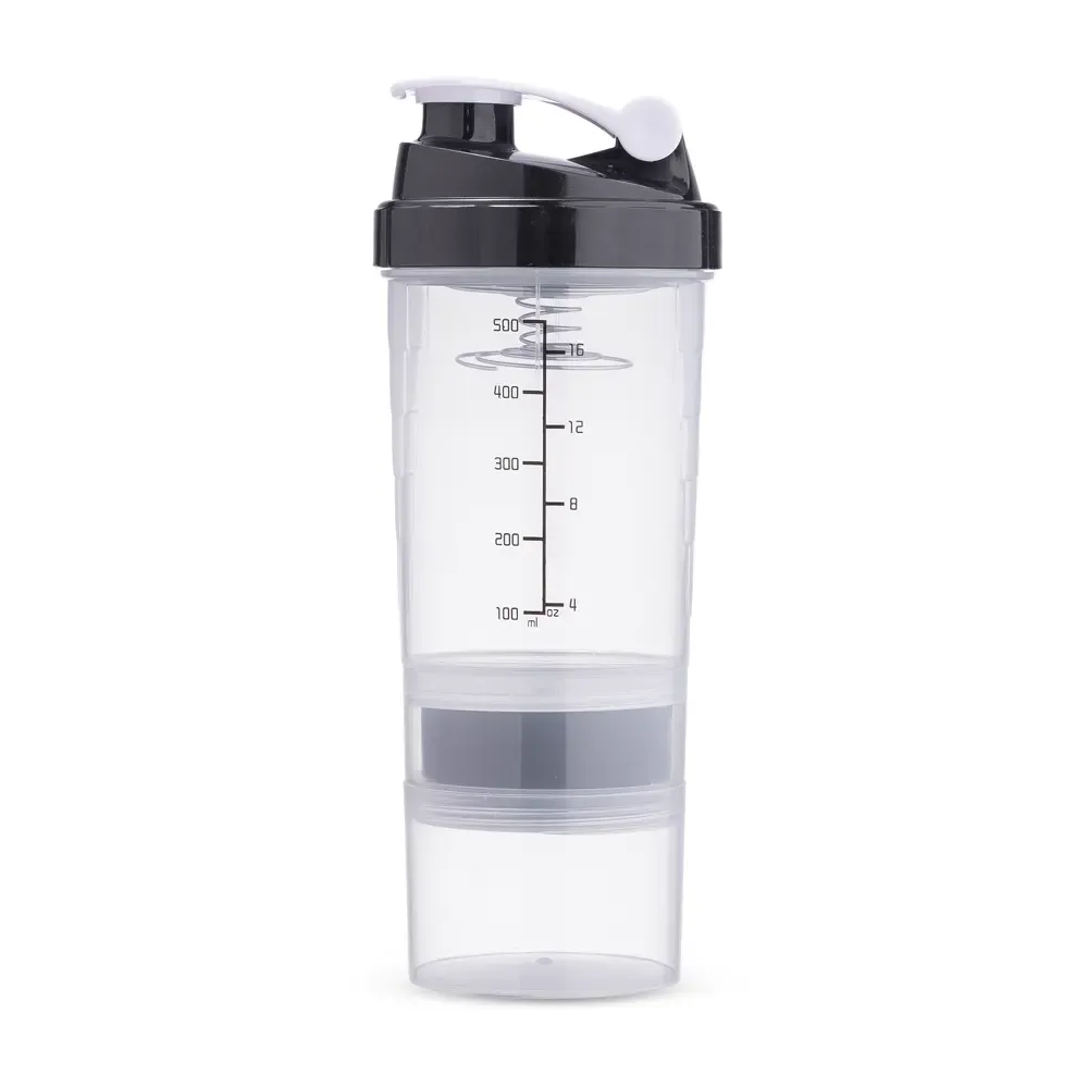 Coqueteleira plástica personalizada 600ml com compartimentos, cor preto
