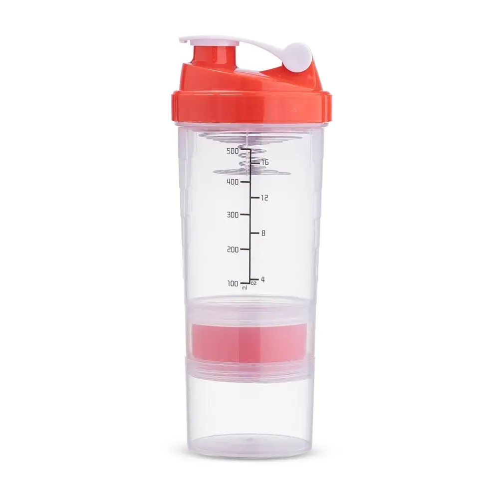 Coqueteleira plástica personalizada 600ml com compartimentos, cor vermelho