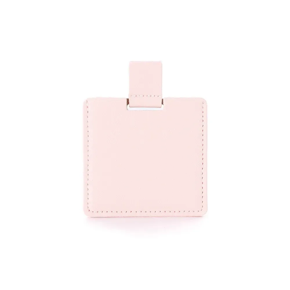 Espelho personalizado de aço inox com alça de couro sintético, cor rosa