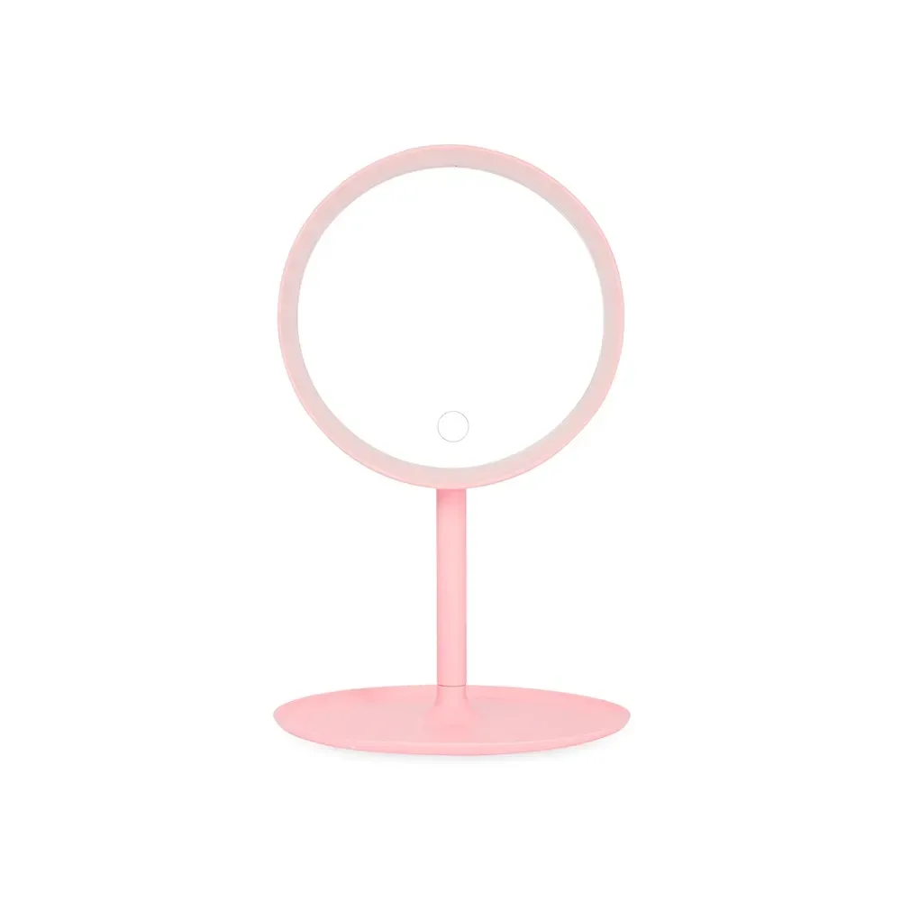 Espelho personalizado de mesa com LED, formato redondo, cor rosa