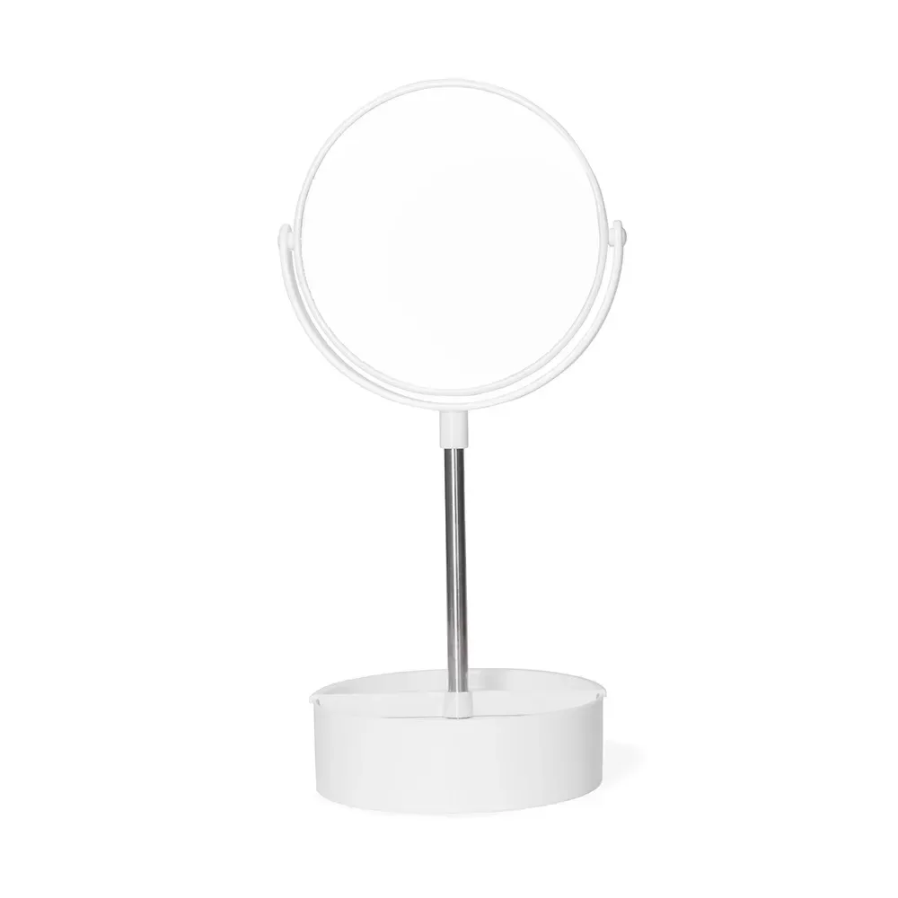 Espelho personalizado de mesa, dupla face, pedestal de alumínio, cor branco